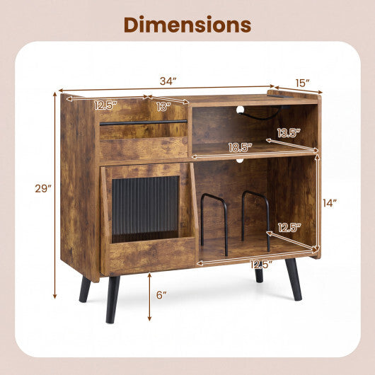 Record Player Stand with LED Light and Power Outlets-Black