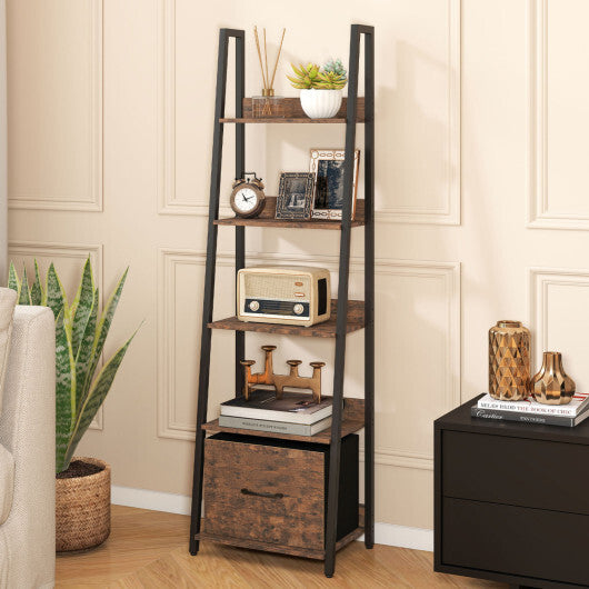 5-Tier Ladder Bookshelf with Fabric Drawer for Living Room and Home Office-Black