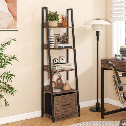 5-Tier Ladder Bookshelf with Fabric Drawer for Living Room and Home Office-Black