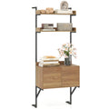 Tall Ladder Shelf with Storage Cabinet Narrow Wall Mounted Ladder Bookcase-Natural