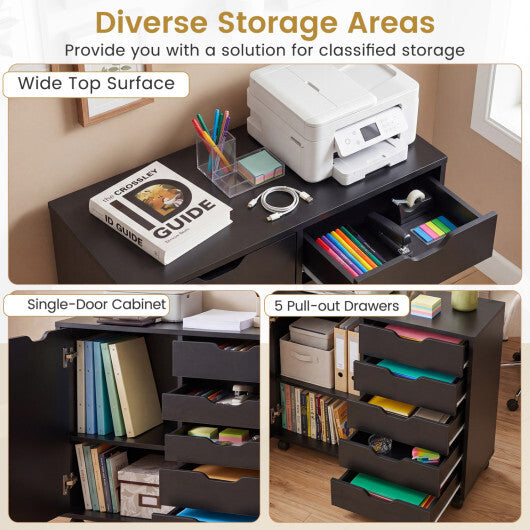 5 Drawer Storage Cabinet on Wheels with Adjustable Shelf-White