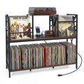 Record Player Stand with Power Outlets and Vinyl Storage and Dividers for Albums-Rustic Brown