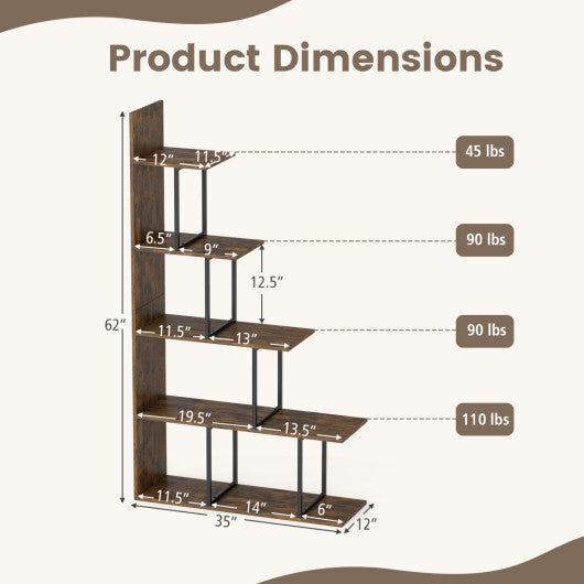 5-Tier 62 Inch Tall Stepped Bookshelf with Heavy Duty Metal Frame-Rustic Brown