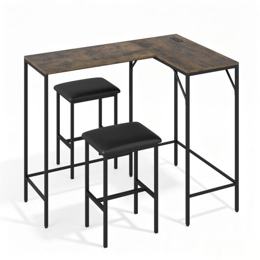 3-Piece Convertible L-Shaped Kitchen Table Chair Set with 2 AC Outlets  USB Port and Type-C Port-Black