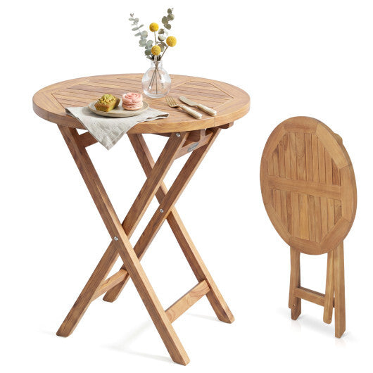 24" Round Solid Teak Outdoor Folding Bistro Table with Footrest