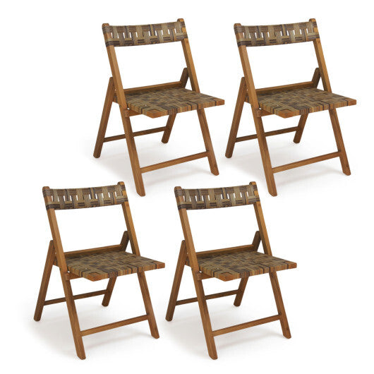 Teak Folding Chairs Set of 2 with Hand-Woven Rattan and Contoured Back