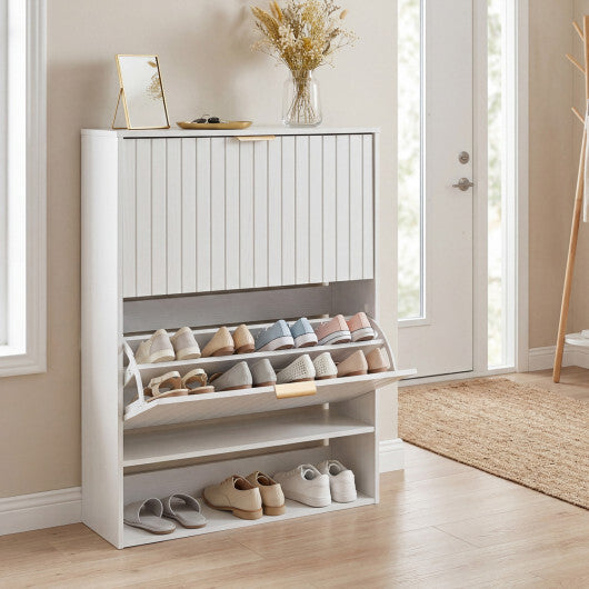 Fluted Hidden Shoe Cabinet with 2 Flip Drawers and Open Storage-Walnut