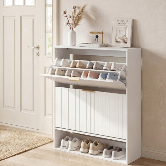 Fluted Hidden Shoe Cabinet with 2 Flip Drawers and Open Storage-Walnut