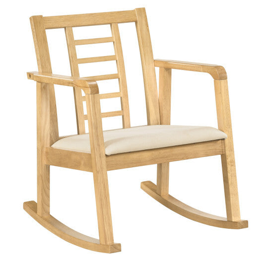 Wooden Rocking Chair with Upholstered Seat and Ladder Back for Living Room-Brown