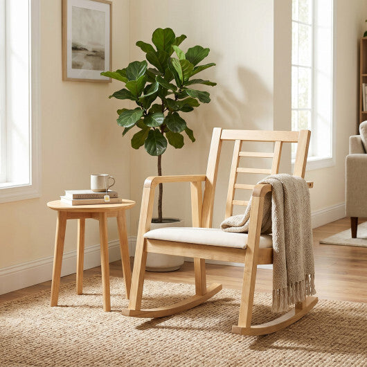 Wooden Rocking Chair with Upholstered Seat and Ladder Back for Living Room-Brown
