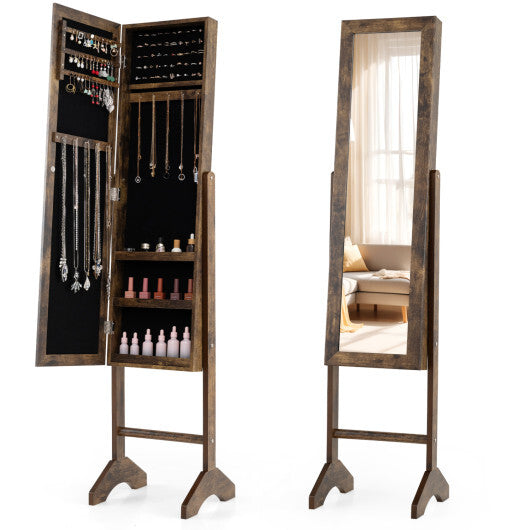 Freestanding Jewelry Armoire with Velvet Lining and Full Length Mirror-Black