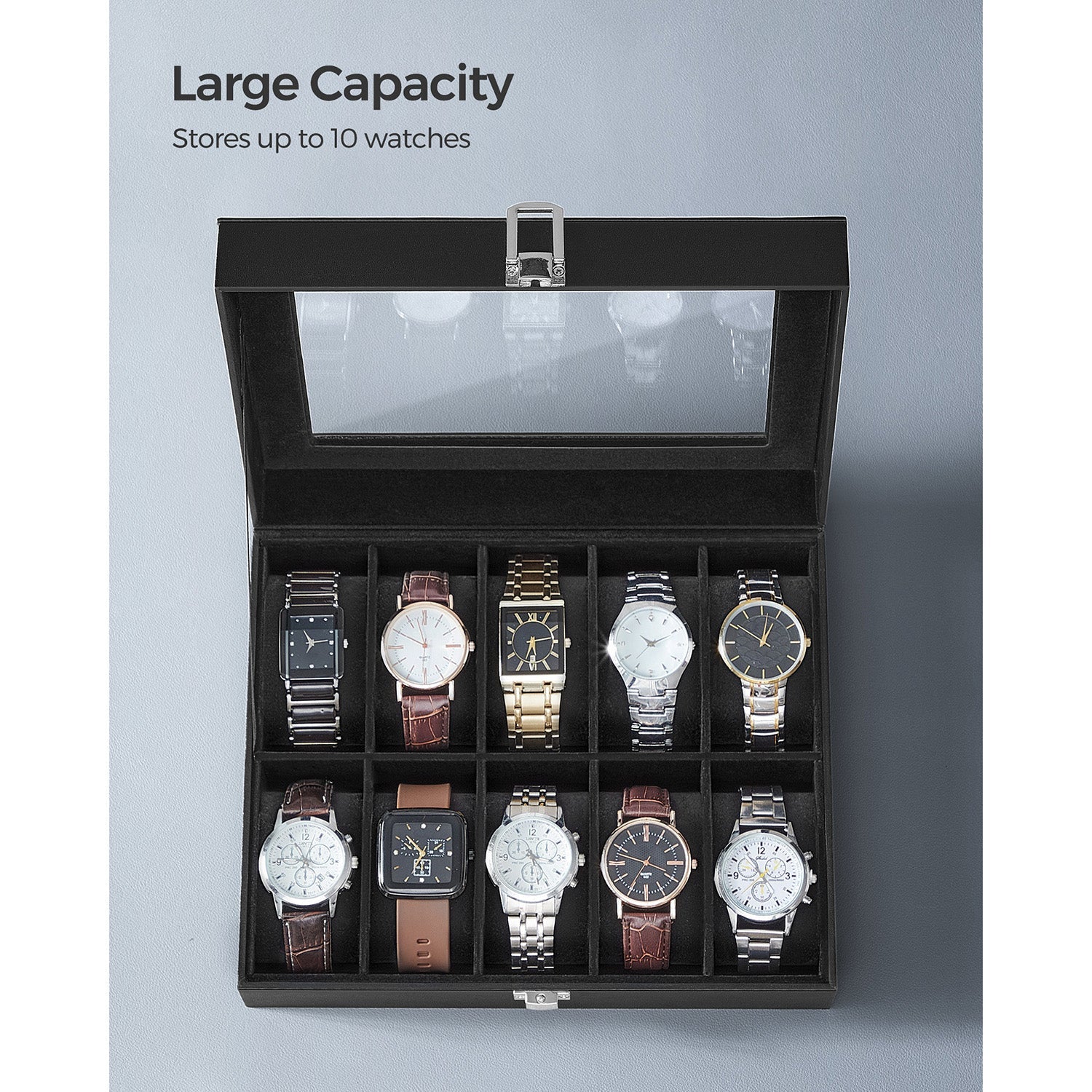 10-Slot Watch Case with Large Glass Lid