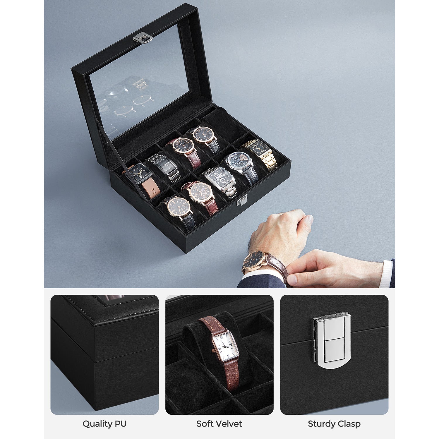 10-Slot Watch Case with Large Glass Lid