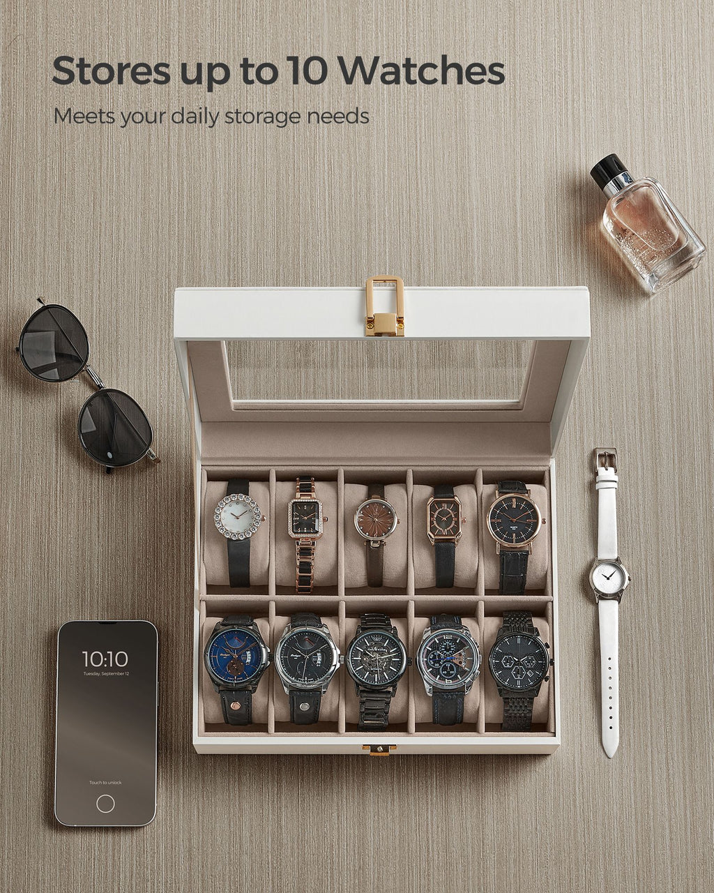 10-Slot Watch Case with Large Glass Lid