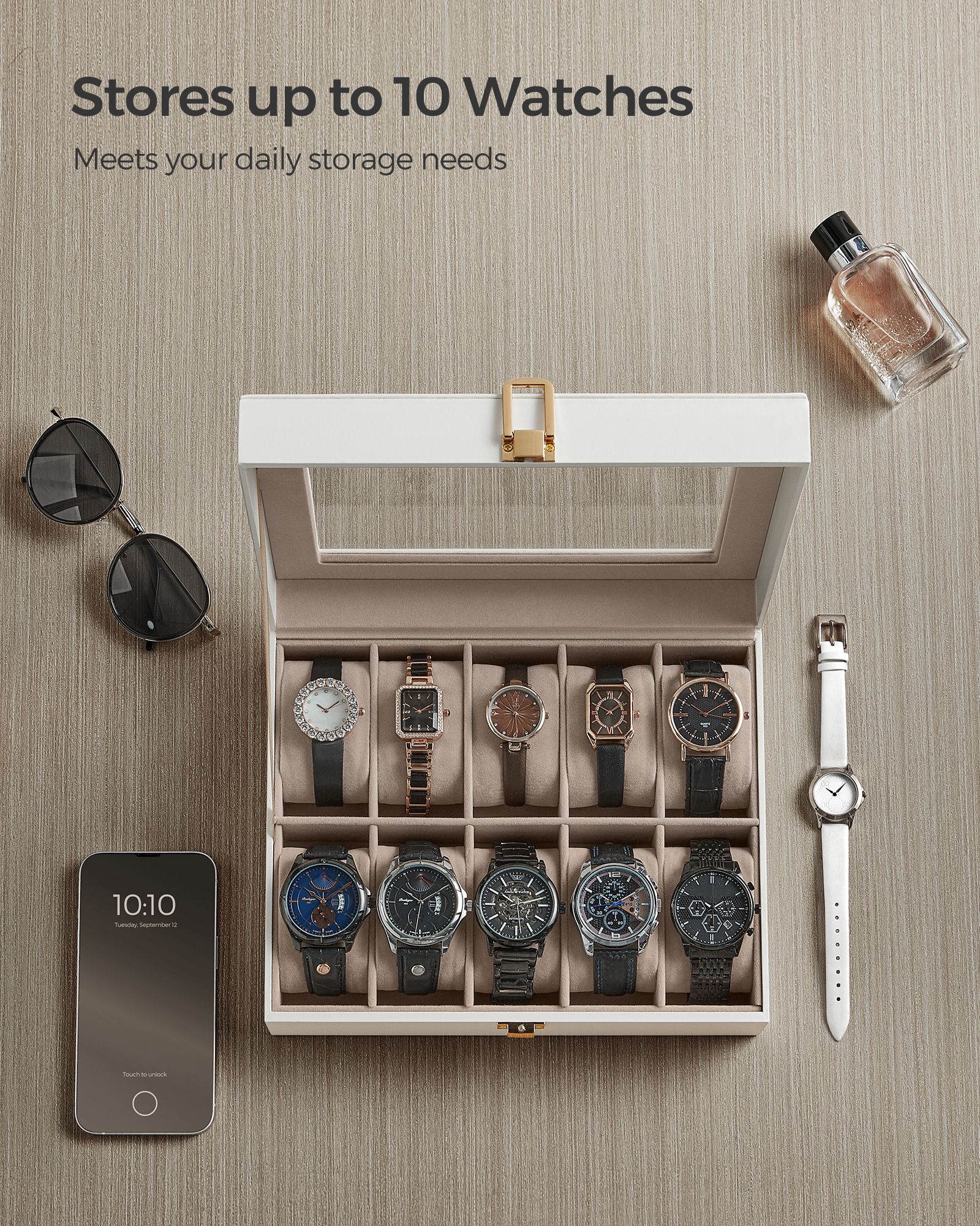 10-Slot Watch Case with Large Glass Lid