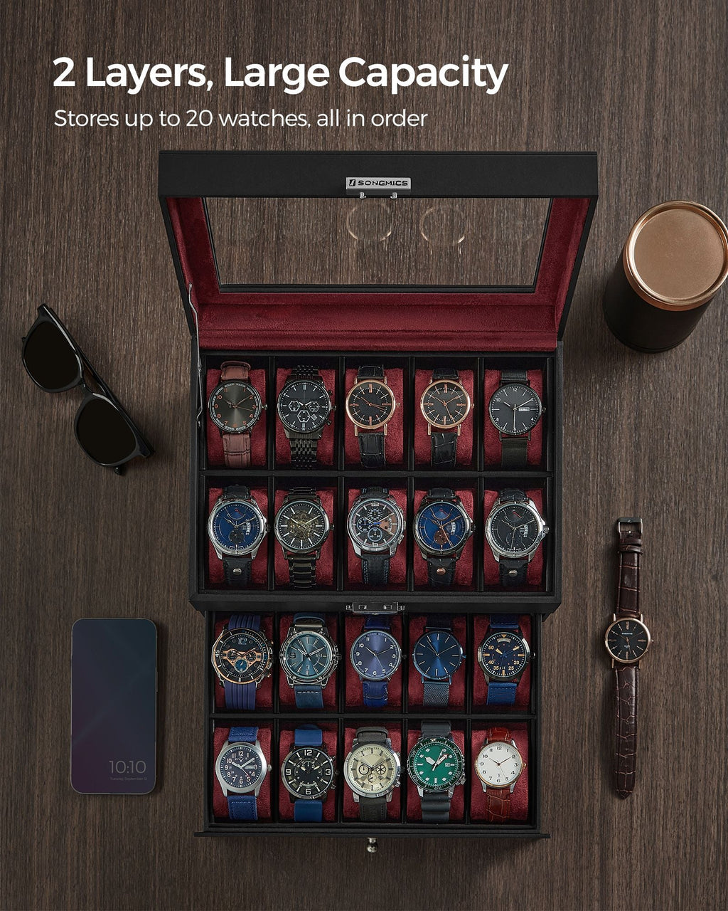 20-Slot Watch Box with Glass Lid