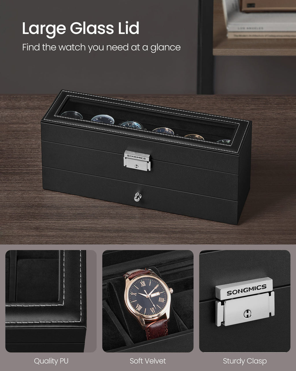 6-Slot Lockable Watch Case with Glass Lid