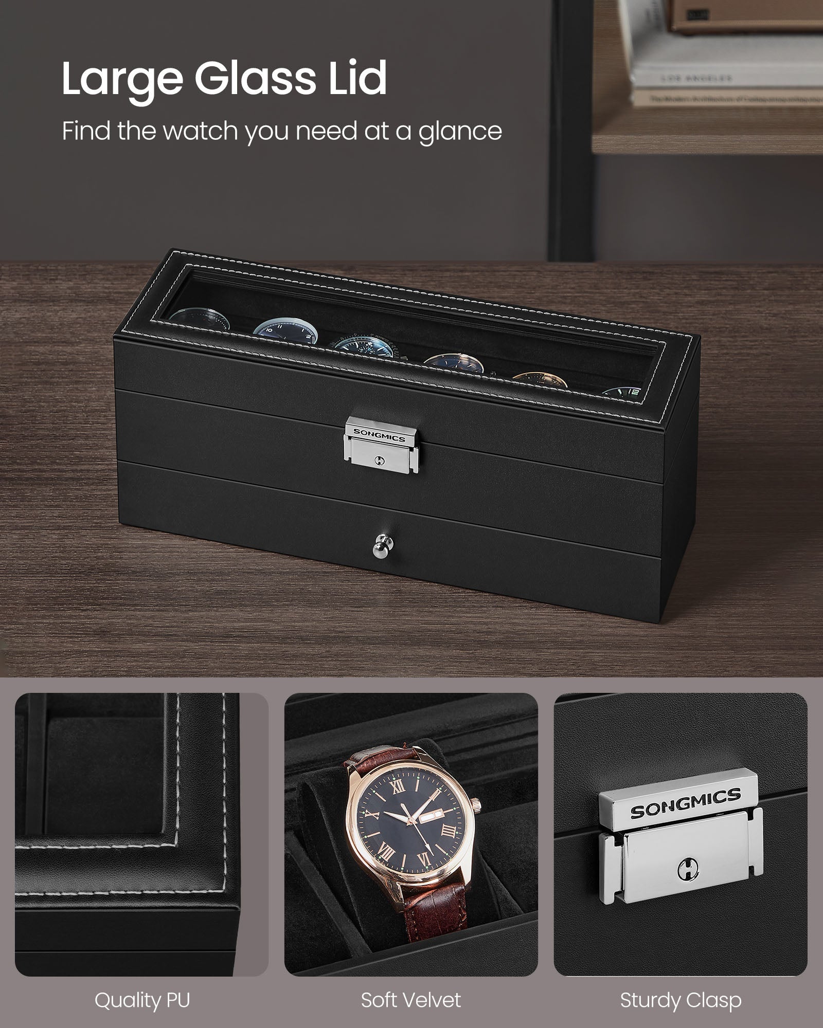 6-Slot Lockable Watch Case with Glass Lid