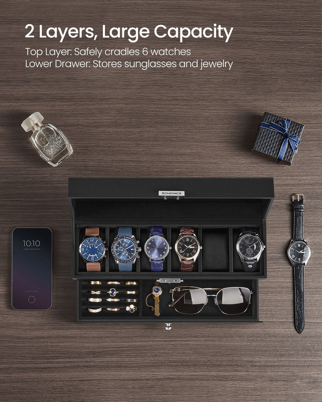 6-Slot Lockable Watch Case with Glass Lid