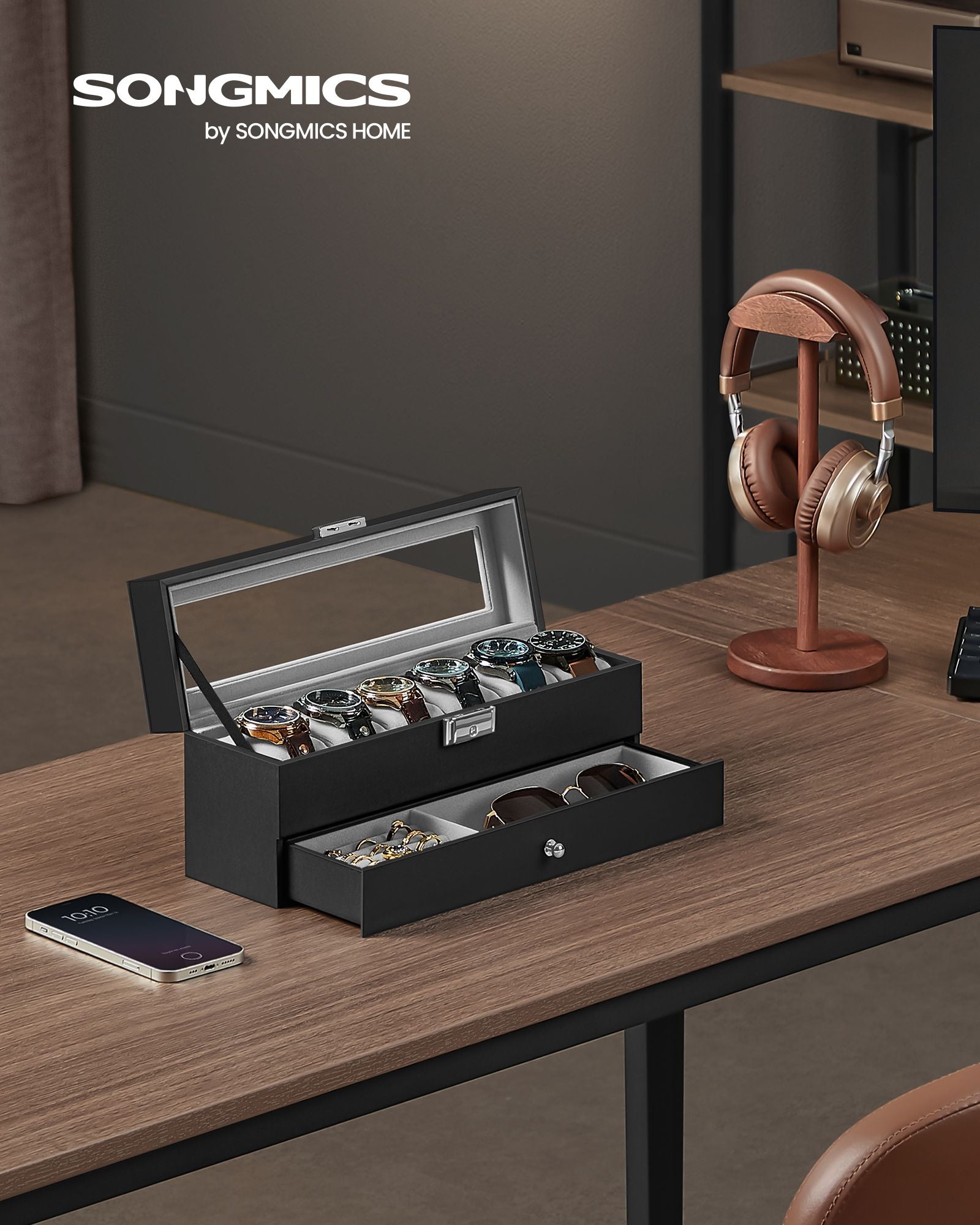 6-Slot Lockable Watch Case with Glass Lid