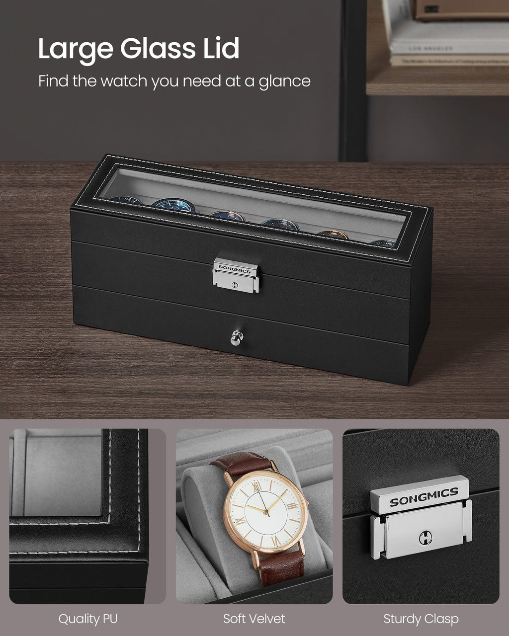 6-Slot Lockable Watch Case with Glass Lid