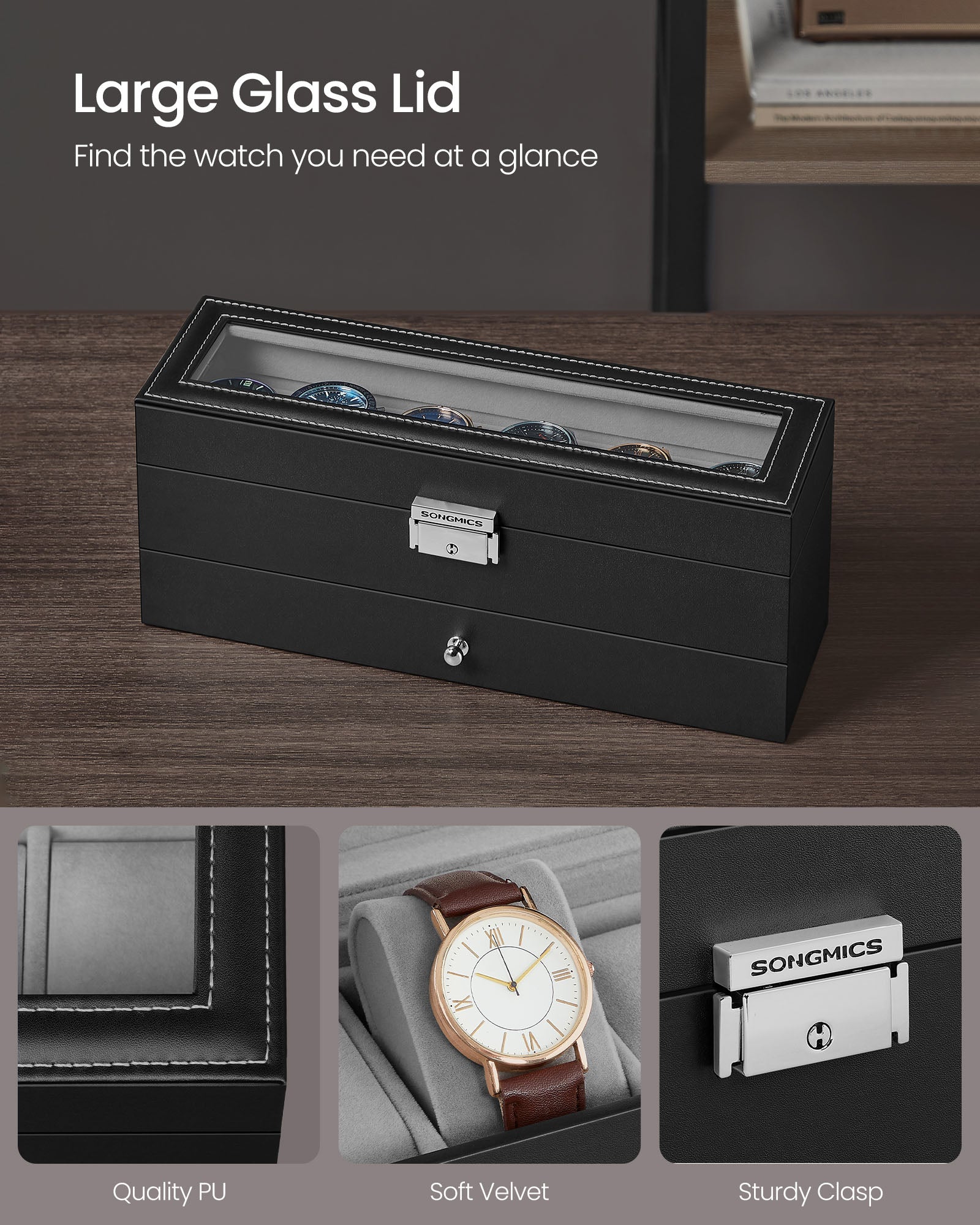 6-Slot Lockable Watch Case with Glass Lid