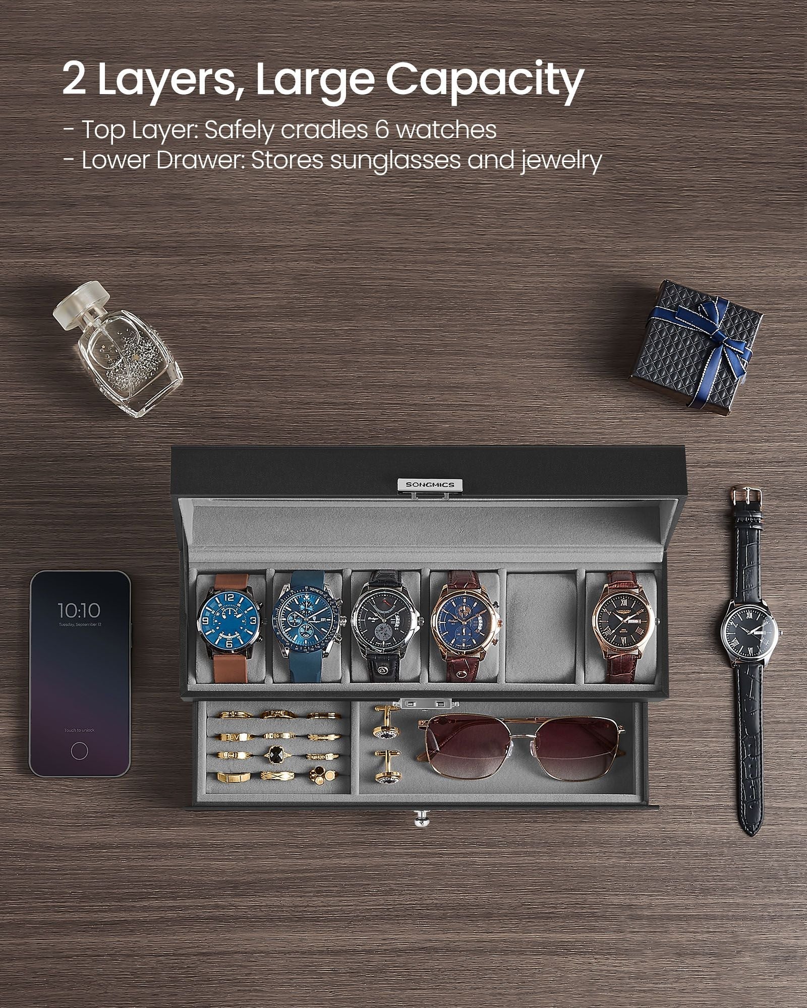 6-Slot Lockable Watch Case with Glass Lid