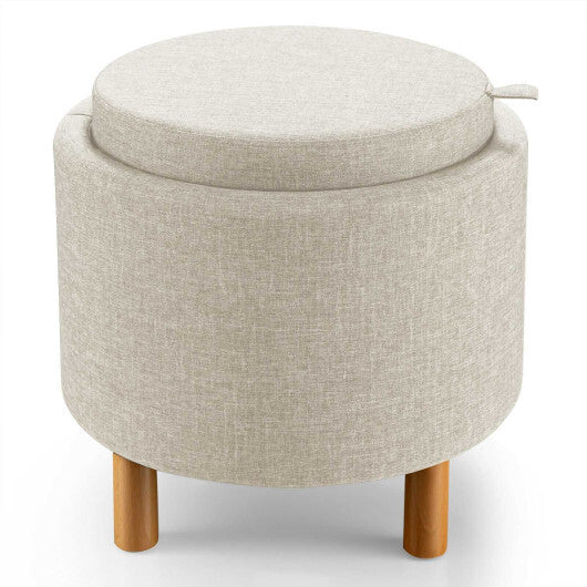 Round Fabric Storage Ottoman with Tray and Non-Slip Pads for Bedroom-Gray