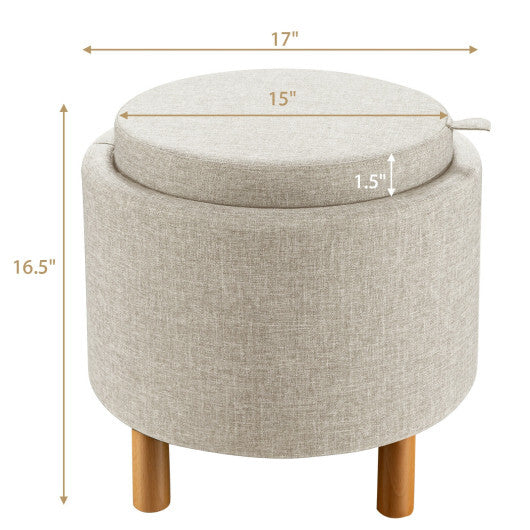 Round Fabric Storage Ottoman with Tray and Non-Slip Pads for Bedroom-Gray