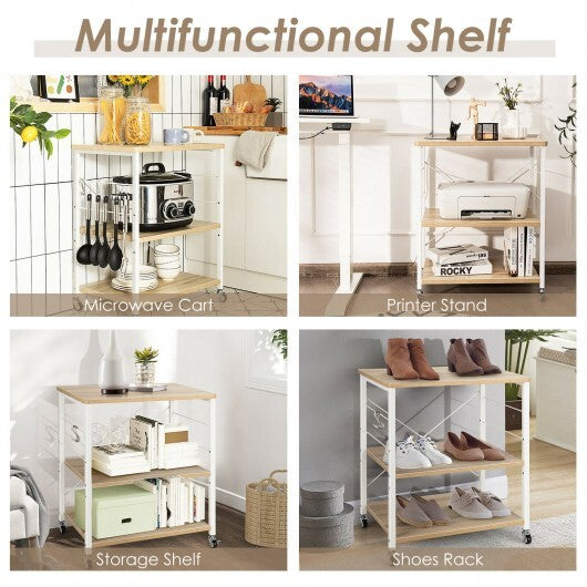3-Tier Kitchen Baker's Rack Microwave Oven Storage Cart with Hooks-Light Brown - Color: Light Brown