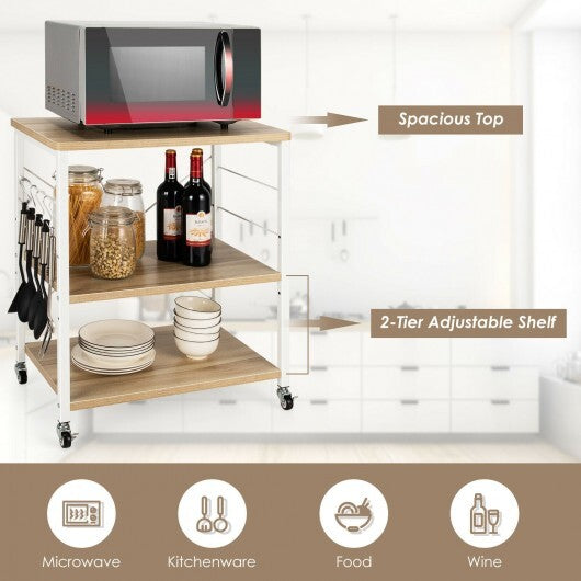 3-Tier Kitchen Baker's Rack Microwave Oven Storage Cart with Hooks-Light Brown - Color: Light Brown