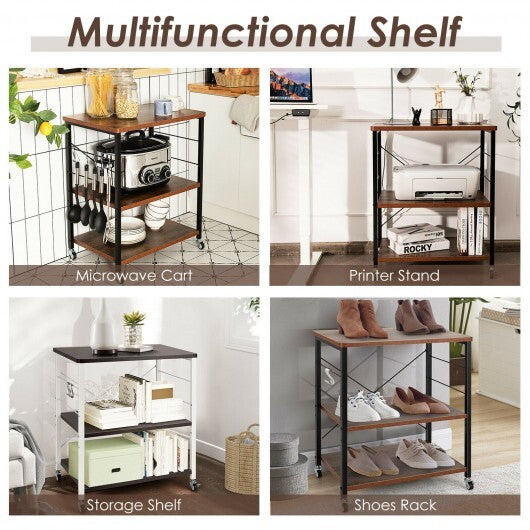 3-Tier Kitchen Baker's Rack Microwave Oven Storage Cart with Hooks-Rustic Brown