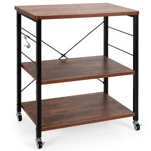 3-Tier Kitchen Baker's Rack Microwave Oven Storage Cart with Hooks-Rustic Brown