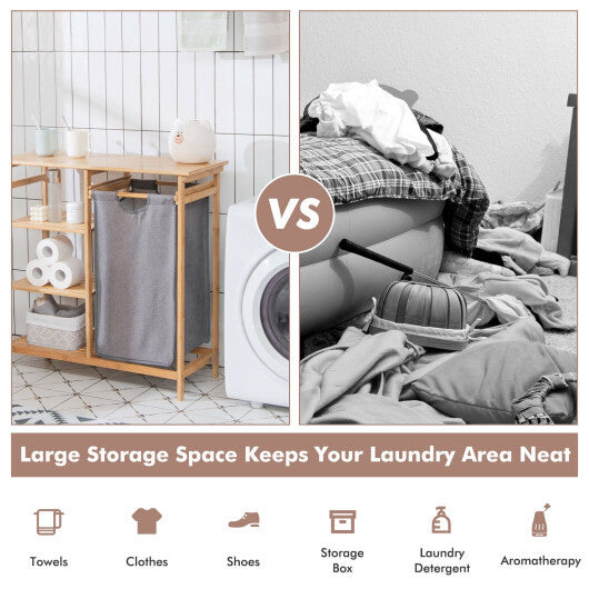 Bamboo Laundry Hamper Stand with Removable Sliding Bag and 3-Tier Open Shelves - Color: Natural