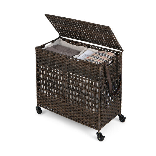 110L 2-Section Laundry Hamper with 2 Removable and Washable Liner Bags-Brown - Color: Brown