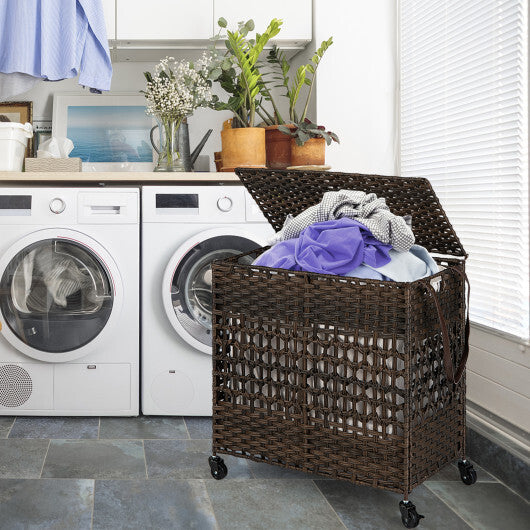 110L 2-Section Laundry Hamper with 2 Removable and Washable Liner Bags-Brown - Color: Brown
