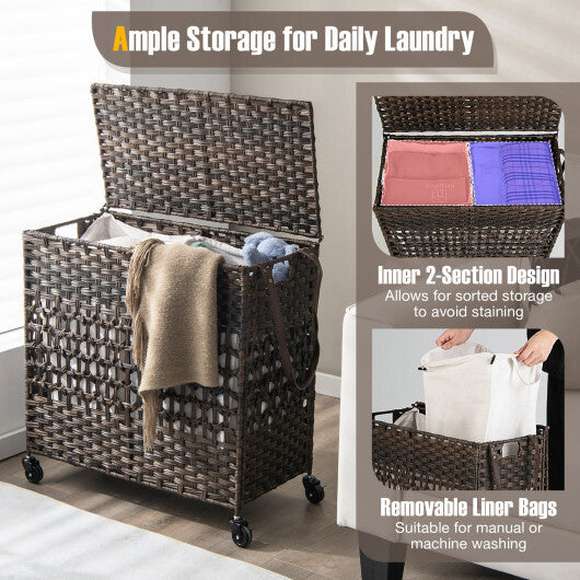 110L 2-Section Laundry Hamper with 2 Removable and Washable Liner Bags-Brown - Color: Brown