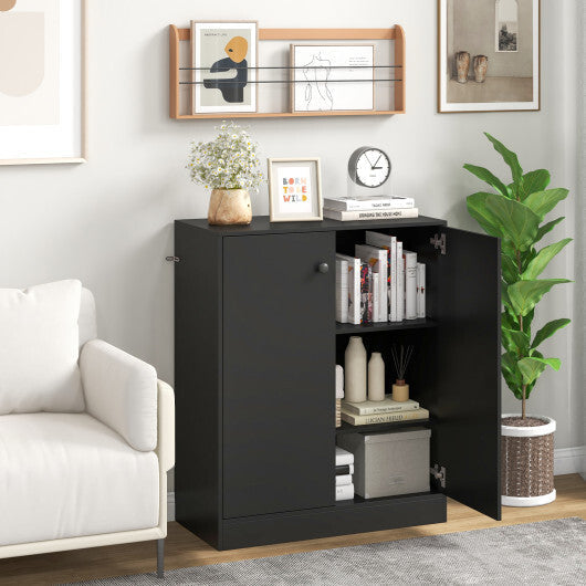 2-Door Modern Floor Storage Cabinet with 3-Tier Shelf-Brown