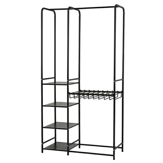 Portable Closet with Pants Hangers and 2 Hanging Rods and 4 Storage Shelves-Black