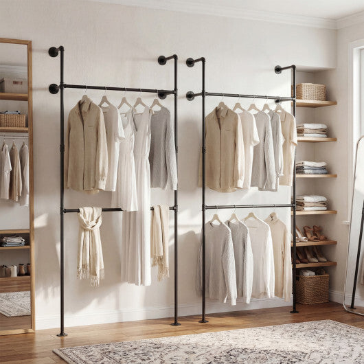 Wall Mounted Pipe Clothing Rack with 2 Hanging Rods-Black