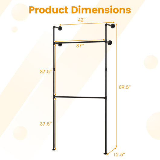 Wall Mounted Pipe Clothing Rack with 2 Hanging Rods-Black
