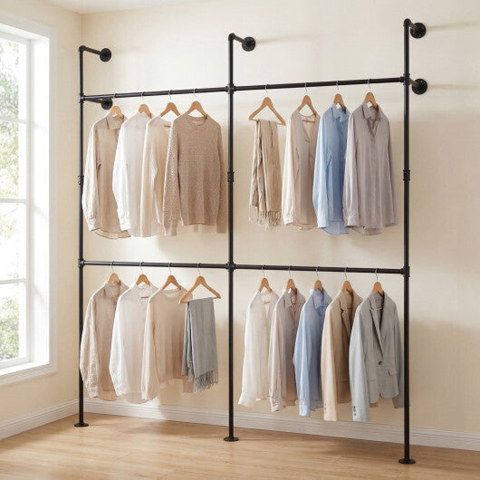 Wall Mounted Pipe Clothing Rack with 4 Hanging Rods-Black