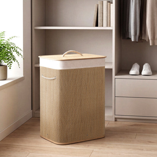 19 Gal Capacity Bamboo Clothes Hamper with Removable Liner and Portable Handles-Brown