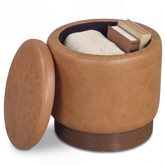 Round Storage Ottoman with Acacia Wood Frame for Living Room and Bedroom-Brown