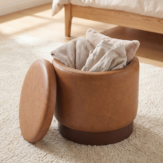 Round Storage Ottoman with Acacia Wood Frame for Living Room and Bedroom-Brown