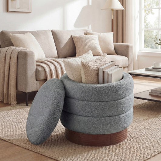 Round Storage Ottoman with Acacia Wood Frame for Living Room-Gray