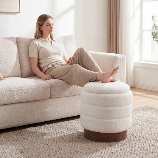 Round Storage Ottoman with Acacia Wood Frame for Living Room-Gray