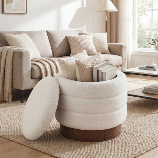 Round Storage Ottoman with Acacia Wood Frame for Living Room-Gray
