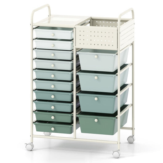 14-Drawer Rolling Storage Cart with Metal Tabletop and Pegboard-Macaron