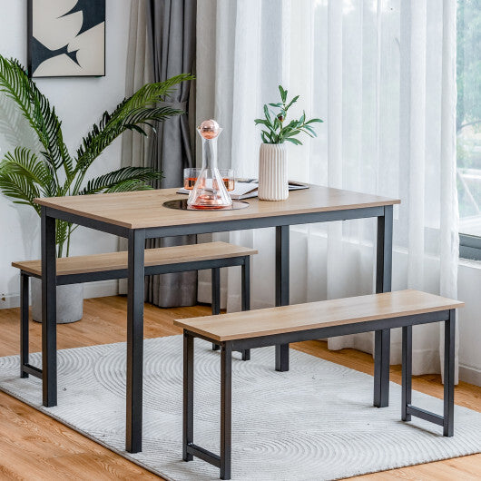 3 Pieces Dining Table Set with 2 Benches for Dining Room Kitchen Bar-Brown
